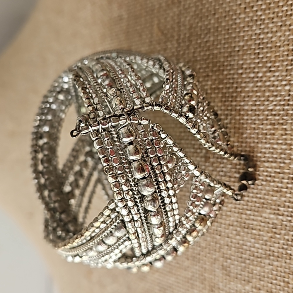 Vintage Memory Bracelet Silver Beaded Adjustable 70s Cuff Style Wedding Boho